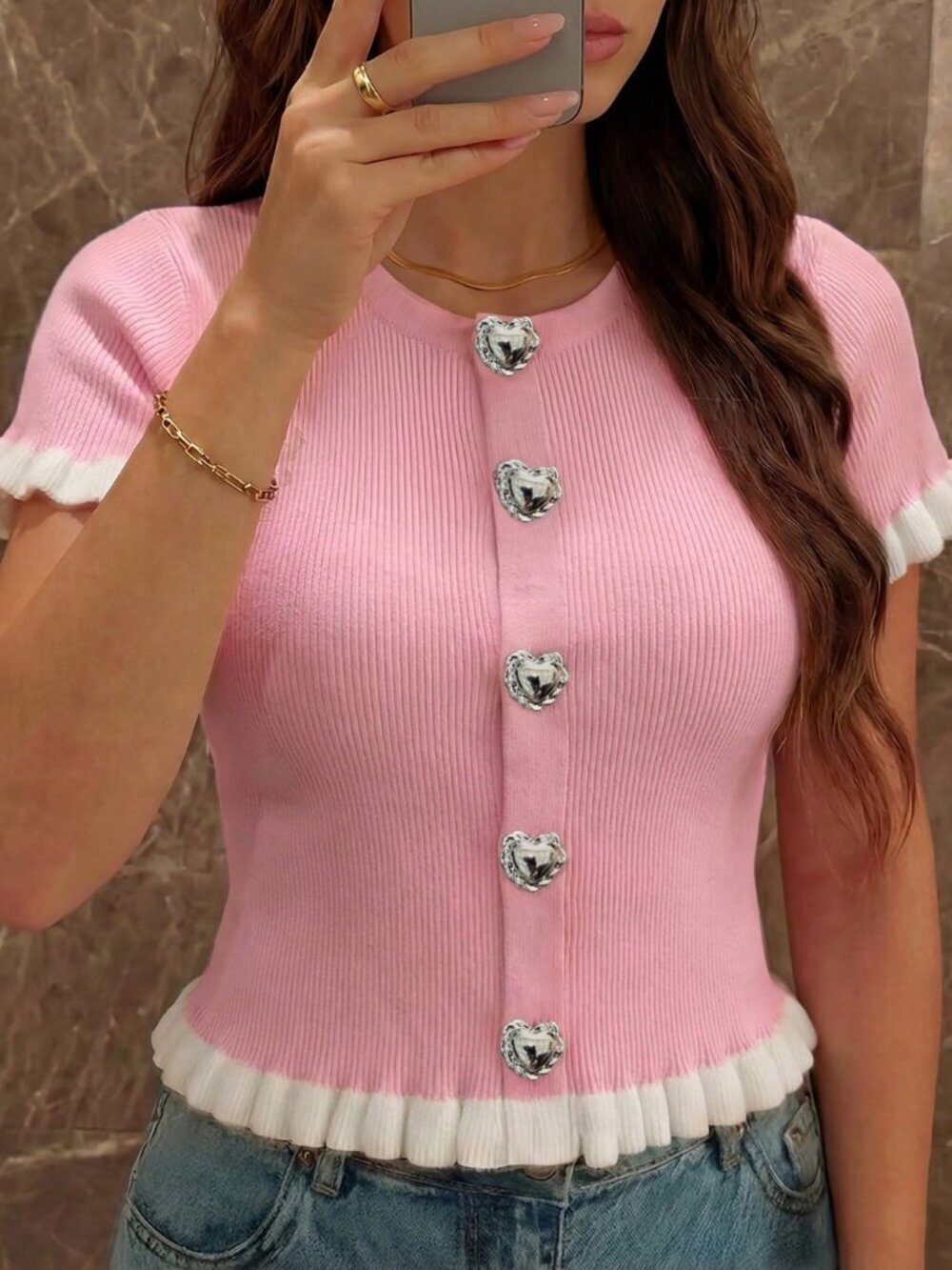 Pink Casual Women's Heart-Print Round Neck Short Sleeve Knit Sweater
